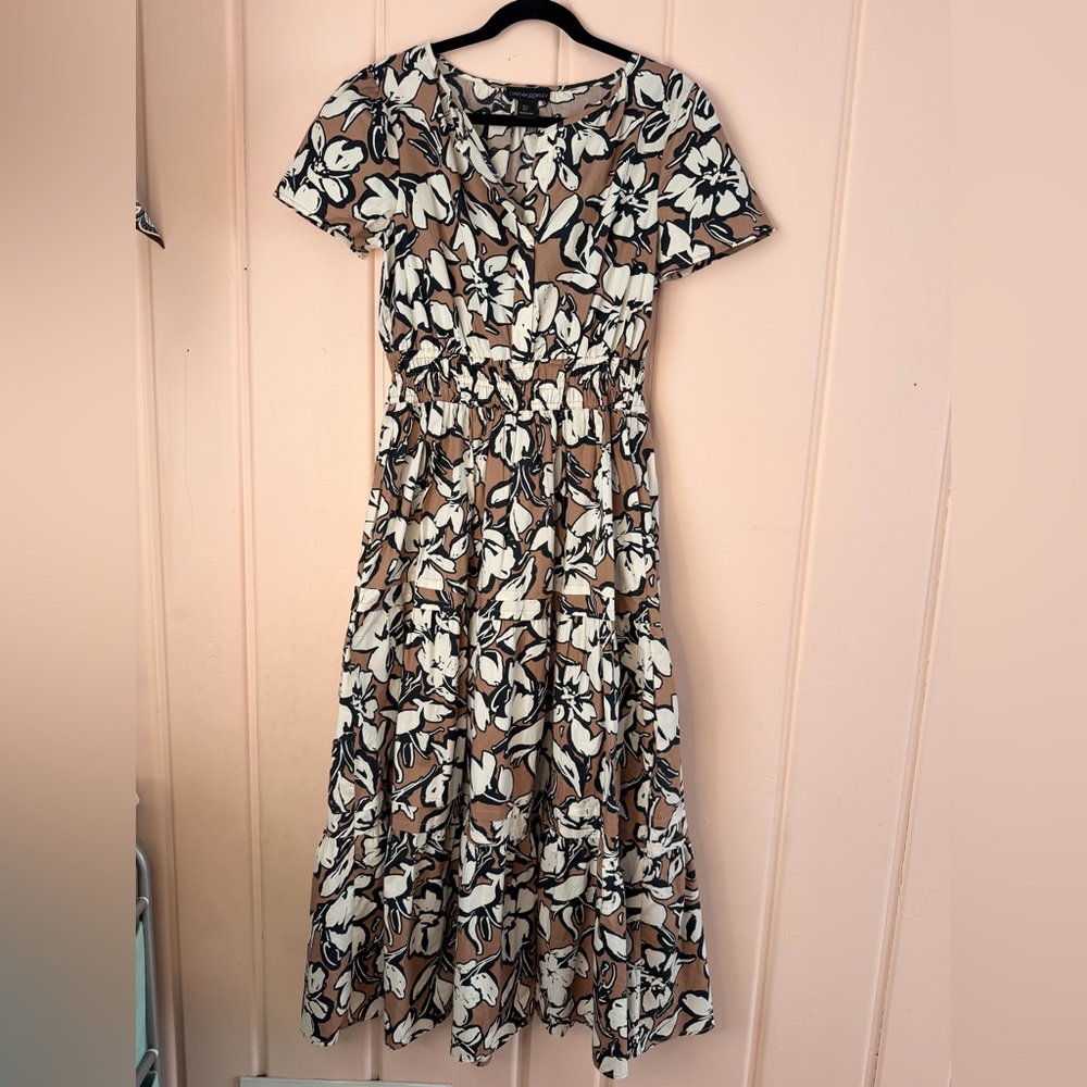 🆕 Cynthia Rowley Brown Floral Maxi Dress with pockets Black & Cream Print SzS